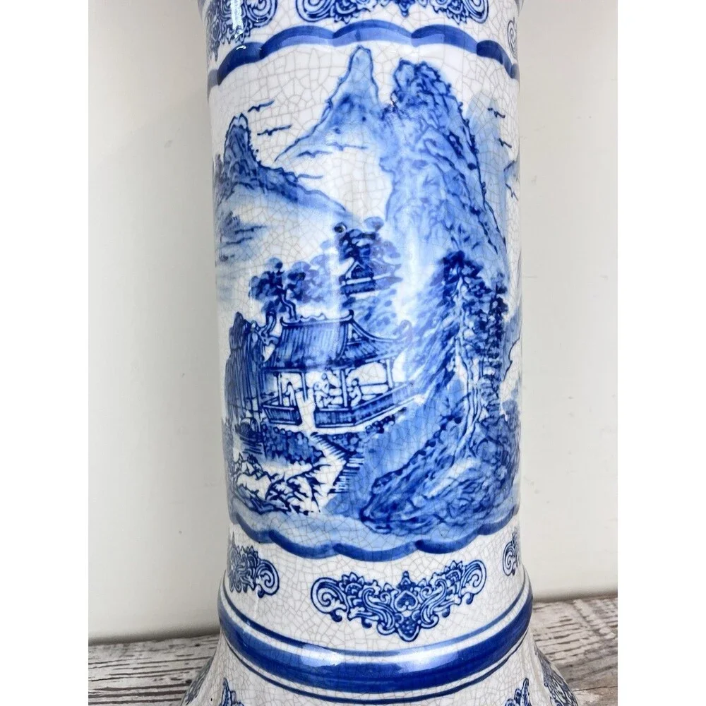 Vintage Mid Century Pedestal Shan Shui Pattern Mountain River Blue White Crazed